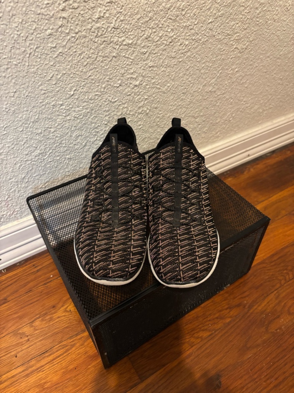 Sketchers Black with Rose gold Dual lite Knit Slip-On Sneakers.